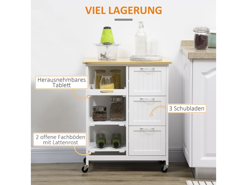  Desserte de cuisine,67x37x84 cm,3 tiroirs avec roulettes,mdf,blanc  - Conforama D
