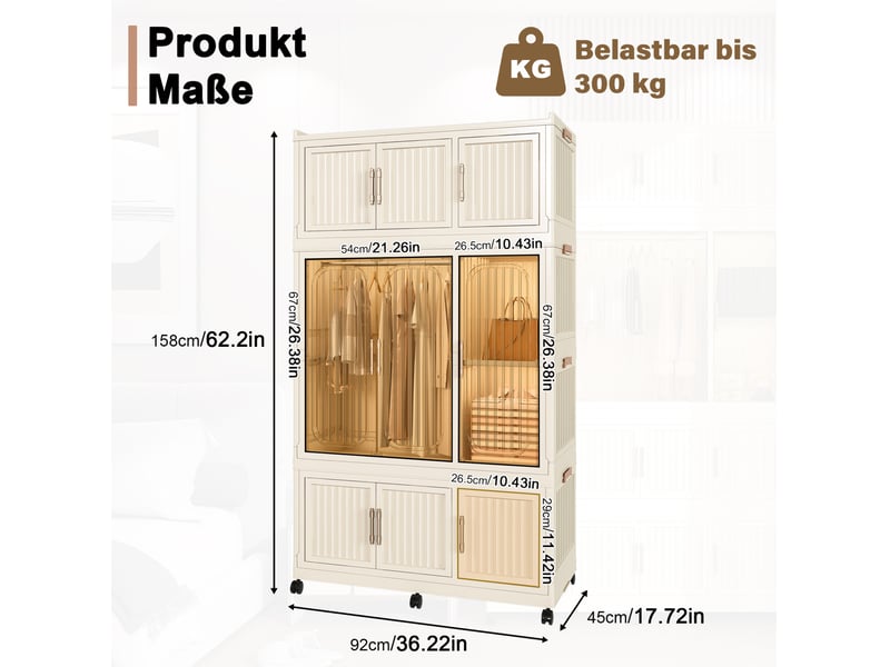 Armoire modulable pliable 92 x 45 x 158 cm - blanc crème - 9 portes ...