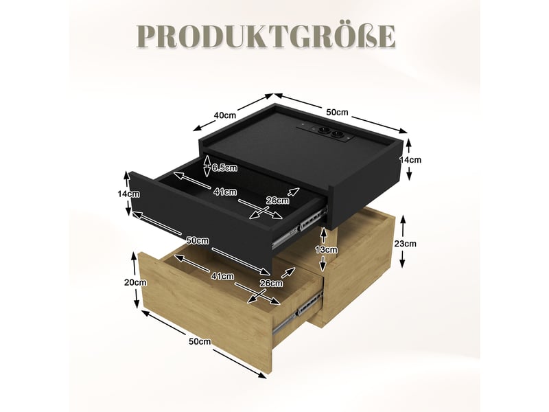 Table de chevet 2 tiroirs led avec charge sans fil usb pour chambre 50×40×50 cm noir naturel  - Conforama D
