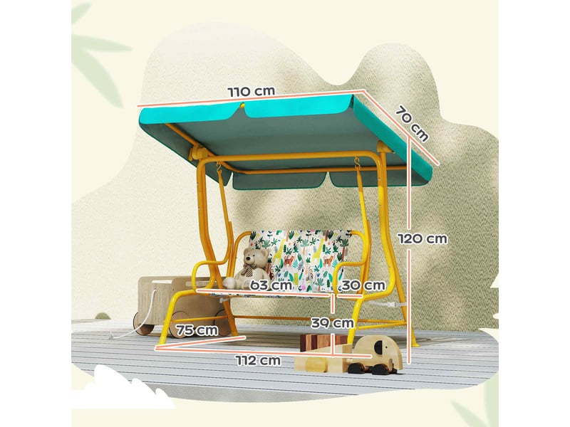  Balançoire hollywood 2 places enfant, pare-soleil réglable, ceinture sécurité. 3-6 ans, jusqu'à 60kg, 112x75x120 cm, verte.  - Conforama D