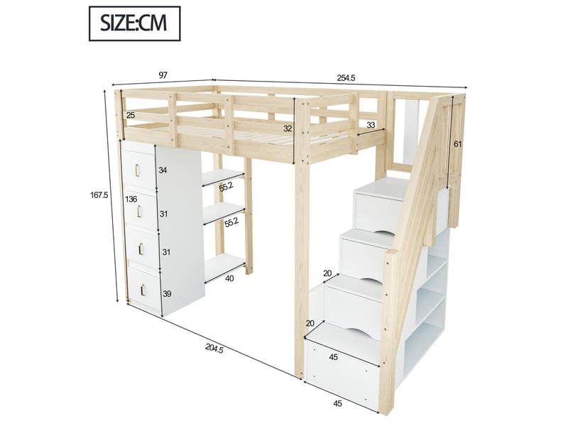 Lit mezzanine 90 x 200 cm avec 4 tiroirs, escalier de rangement et étagère  - Conforama C