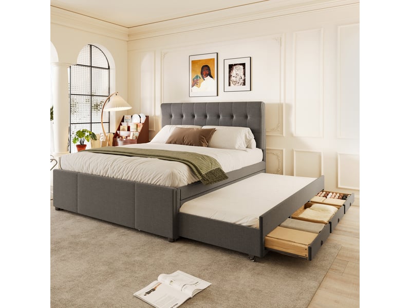  Lit 2 places rembourré 140x200 cm avec lit gigogne et 3 tiroirs gris  - Conforama B