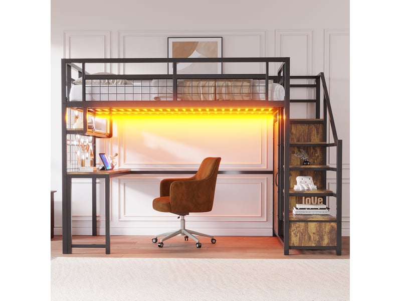  Lit mezzanine 140 x 200 cm en métal noir avec bureau, rangement et prises  - Conforama D