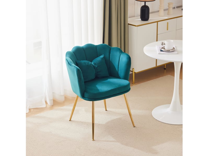 Fauteuil en velours vert à dossier pétale avec coussin et pieds en métal doré  - Conforama C