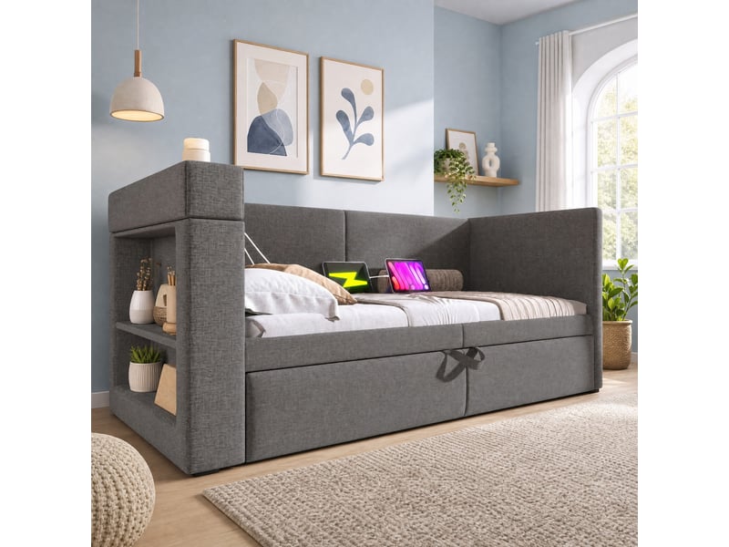 Lit de jour rembourré 90x200 cm avec lit gigogne, usbtype-c, gris, sans matelas - Conforama B