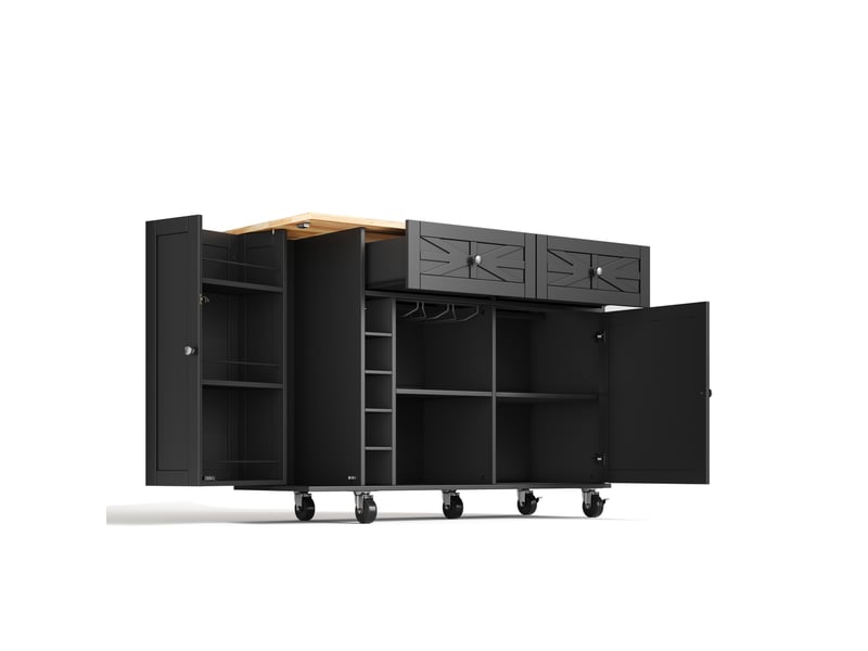Îlot de cuisine avec plan de travail pliant, 5 roues verrouillables, étagère porte, étagère à vin et support verre, noir, 120 x 45(70) x 89 cm - Conforama D