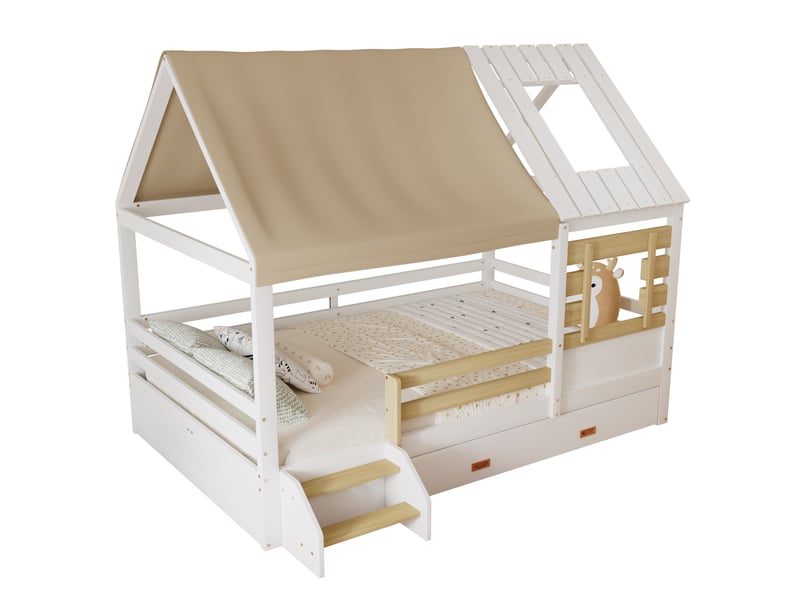  Lit cabane enfant 120 x 200 cm blanc et bois naturel, toit textile amovible, fenêtres, barrières et grand tiroir  - Conforama A