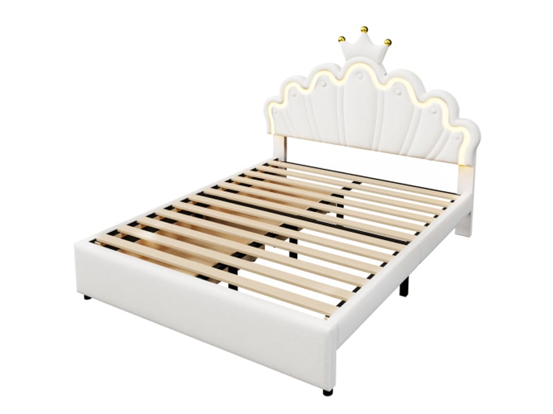  Lit enfant 140x200 cm, avec tête de lit réglable et 2 tiroirs, en pu, blanc, sans matelas  - Conforama E