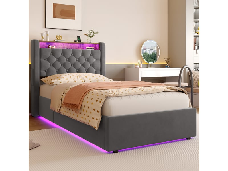  Lit simple 90×200 gris avec led, prise usb, rangement tête de lit et espace de stockage inférieur  - Conforama D