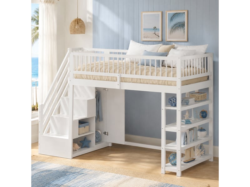  Lit mezzanine enfant 200×90 cm avec armoire, étagères et échelle, sommier à lattes, sans matelas  - Conforama B
