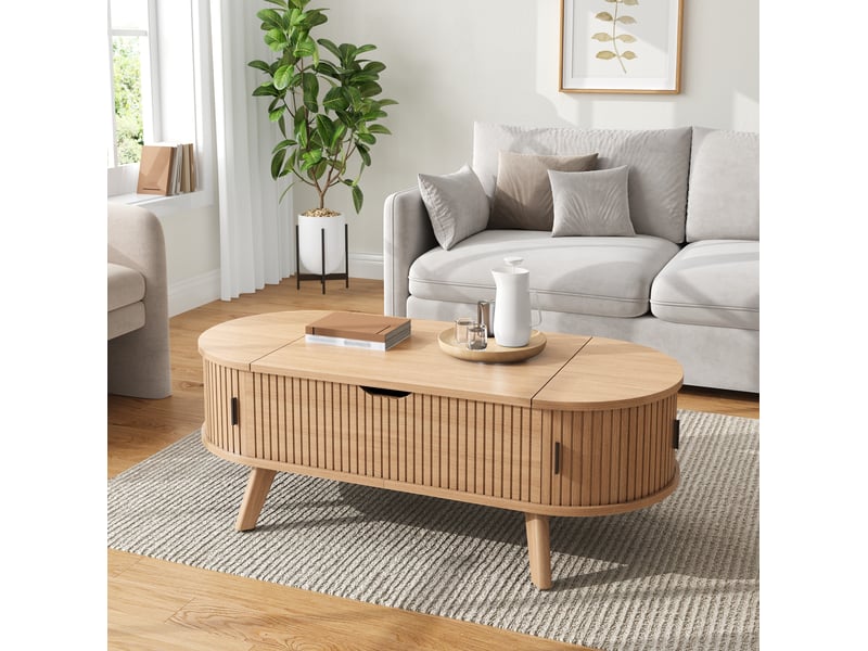 Table basse relevable avec 2 portes coulissantes, rangement caché et plateau hydraulique en mdf naturel pour salon  - Conforama D