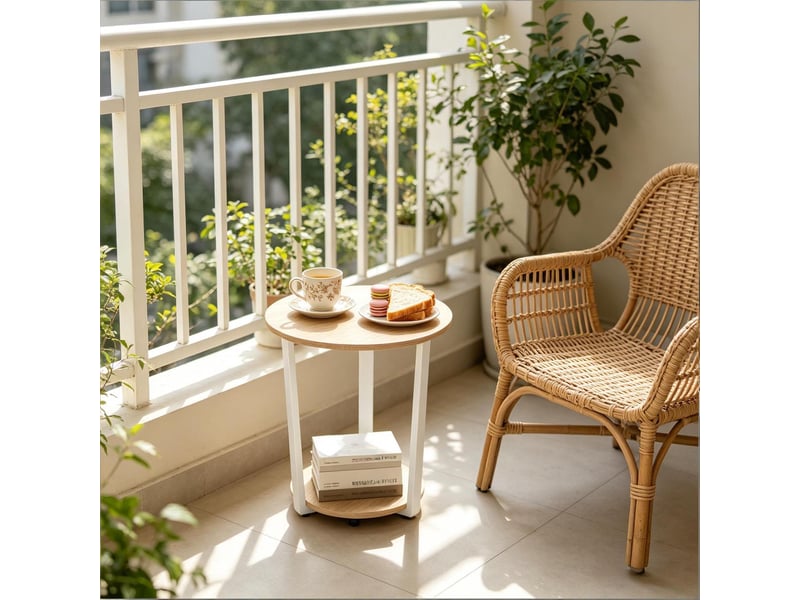  Table d'appoint ronde avec étagères en bois et métal blanc et chêne clair ø50x53 cm  - Conforama B