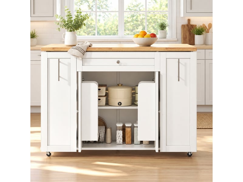  Îlot de cuisine mobile 120x70x87 cm avec plateau rabattable et rangements, blanc et naturel  - Conforama C