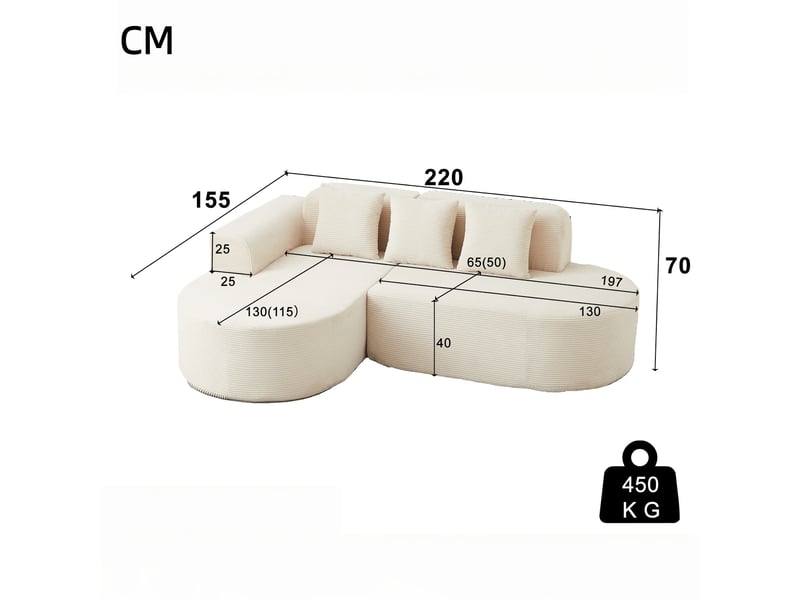  Canapé d’angle modulable 220 cm en velours côtelé – lignes arrondies et 3 coussins inclus, beige  - Conforama C
