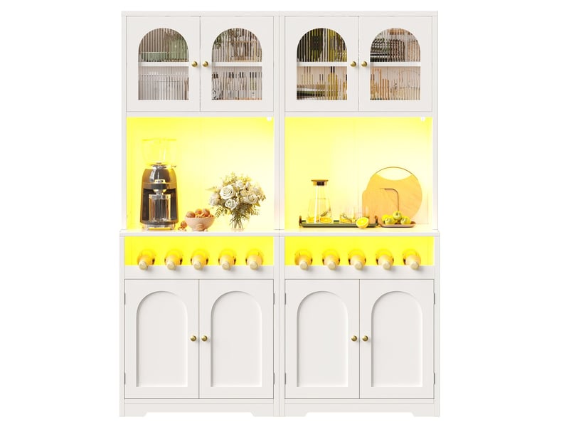 Buffet 2 pièces finition blanche éclairage led rgb piloté par application portes vitrées casier à bouteilles protection anti-basculement étagères réglables - Conforama E