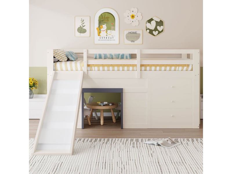 Lit mezzanine 90 × 200 cm 1 place avec toboggan, 3 tiroirs et 2 portes, sans matelas, en bois, crème - Conforama C