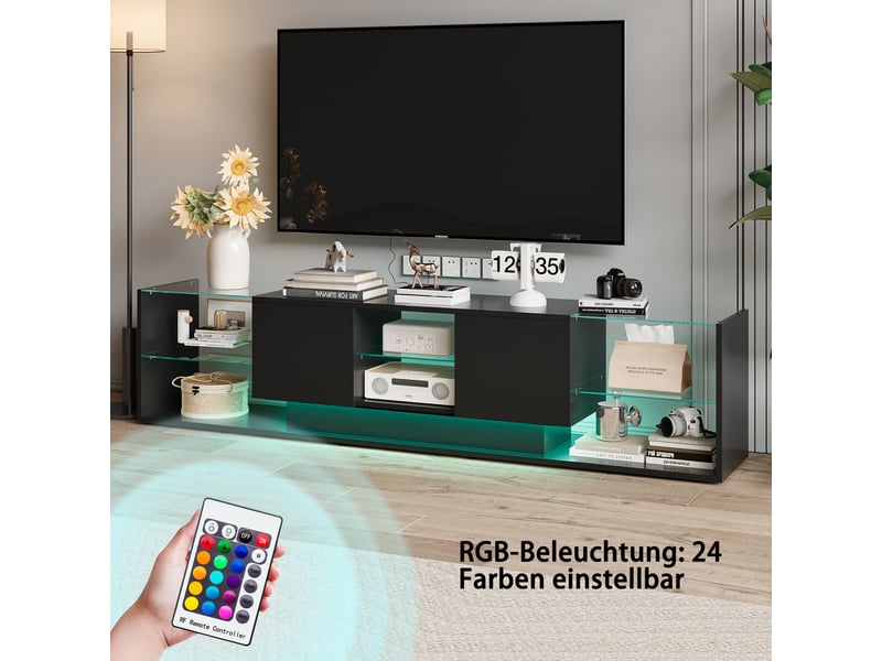  Meuble tv led - 200 x 35 x 45 cm-noir - avec étagères en verre et éclairage led rvb - meuble de salon design moderne  - Conforama C