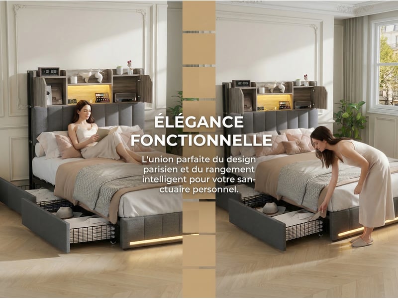 Lit coffre 90 x 200 cm - gris - led, tiroirs et tête de lit avec rangements  - Conforama E