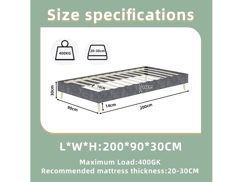  Modenvie cadre de lit 90x200 cm - structure en metal et tissu, sans tete de lit, sans matelas - gris  - Conforama C