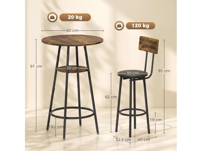  Ensemble table de bar industrielle avec 2 tabourets rembourrés, repose-pieds, étagère, marron rustique  - Conforama C