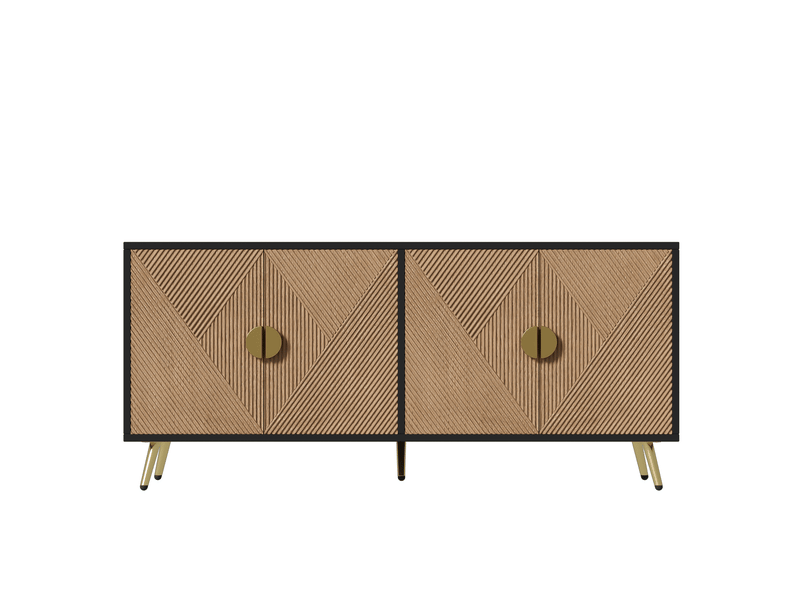  Buffet 160 x 40 x 75 cm noir et bois, 4 portes, poignées dorées brossées pour salon  - Conforama D