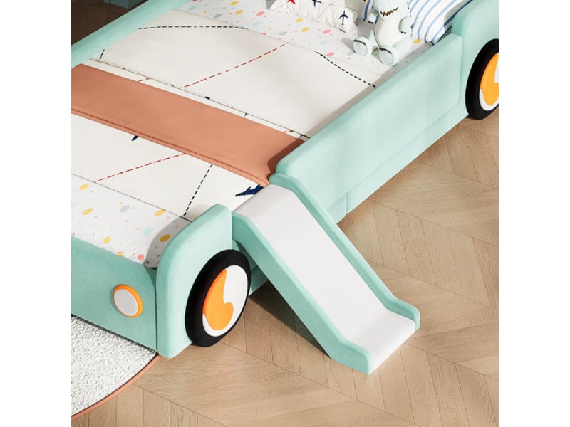  Lit voiture pour enfant avec toboggan et escalier-montage gauchedroite-cadre bleu-vert rembourré-barrière 90x200 cm  - Conforama D