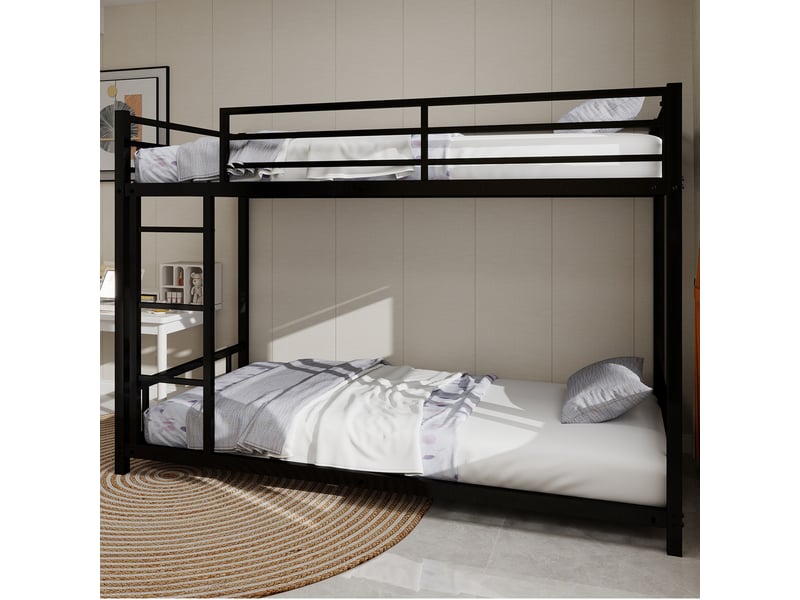  Lit superposé bas - 136cm - garde-corps 33cm - métal robuste - échelle intégrée - noir  - Conforama W