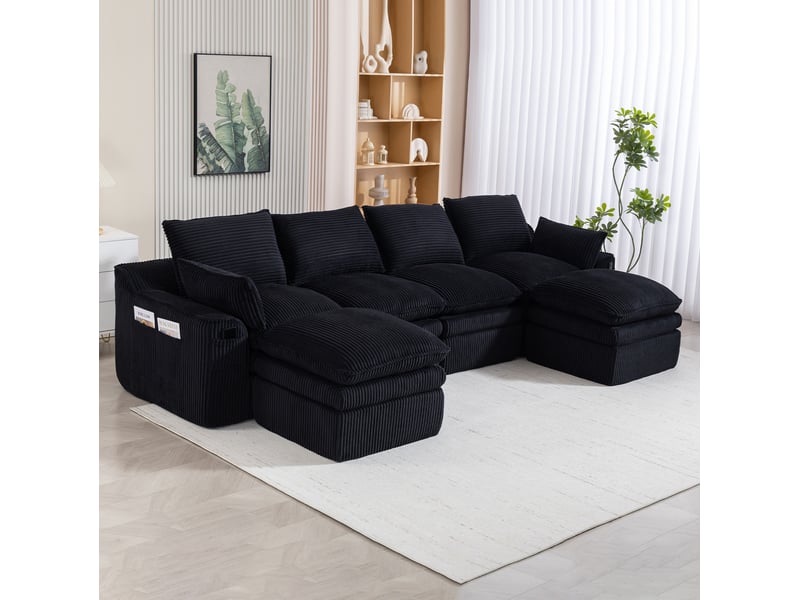  Canapé modulable ulevr 4 places en velours côtelé noir 335 x 167 x 85 cm, avec 2 poufs et poches latérales  - Conforama B