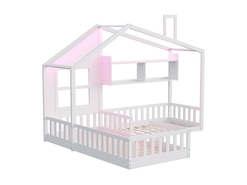  Lit cabane enfant 90x200 cm – blanc – led, étagères intégrées et barrières de sécurité – sans matelas  - Conforama D