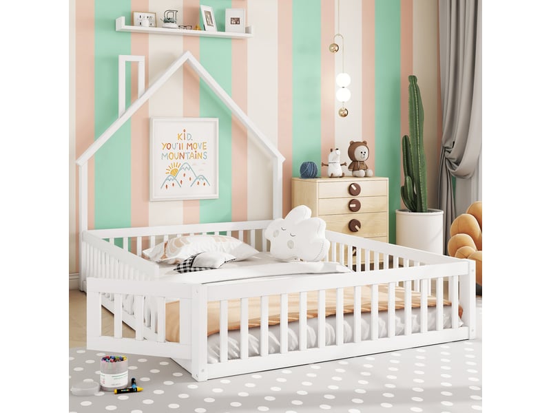  Lit enfant 140 × 200 cm 2 places avec barrières de sécurité et forme cheminée, sans matelas, en pin, blanc  - Conforama E