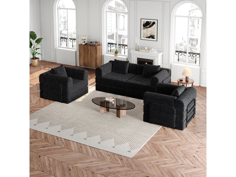  Canapé convertible 4 places - 368x91x70cm - chauffeuse lit chenille, poches rangement, cadre acier - noir  - Conforama C