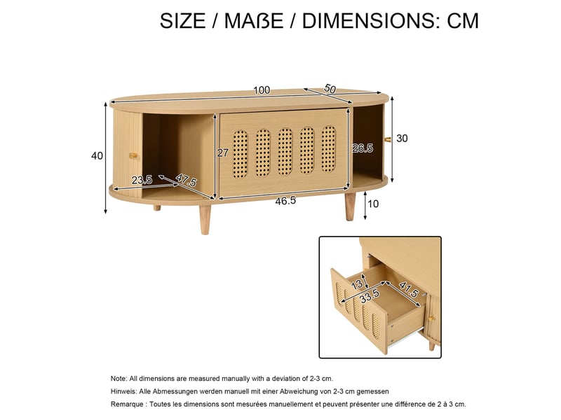  Table basse 100x50x40 cm, rangement avec 1 tiroir et 2 portes coulissantes, motif rotin, mdf, décor bois naturel  - Conforama D