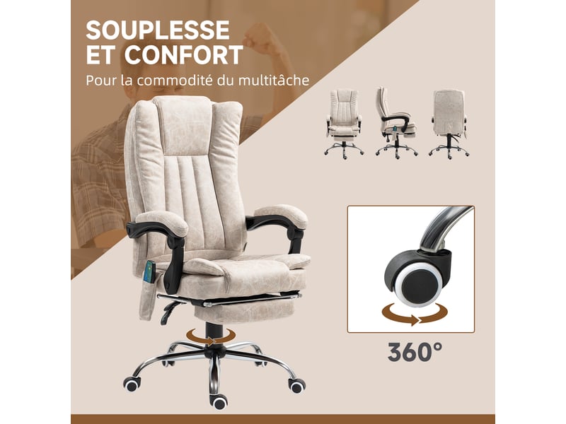  Fauteuil de bureau massant et chauffant avec hauteur réglable, repose-pied et télécommande, dossier inclinable, crème  - Conforama R
