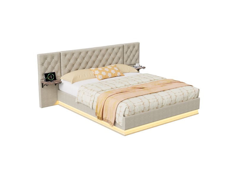  Lit coffre 2 places européen 140x200 cm, lit adulte, rangement, 2 chevets, led, recharge sans fil, port usb, lin beige  - Conforama A