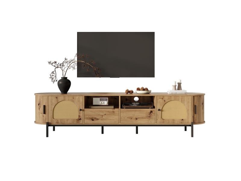  Meuble tv ovale 200x40x49,5 cm, couleur naturelle, portes coulissantes et 2 tiroirs, rangement intégré, aggloméré et cadre en métal, pour salon  - Conforama A