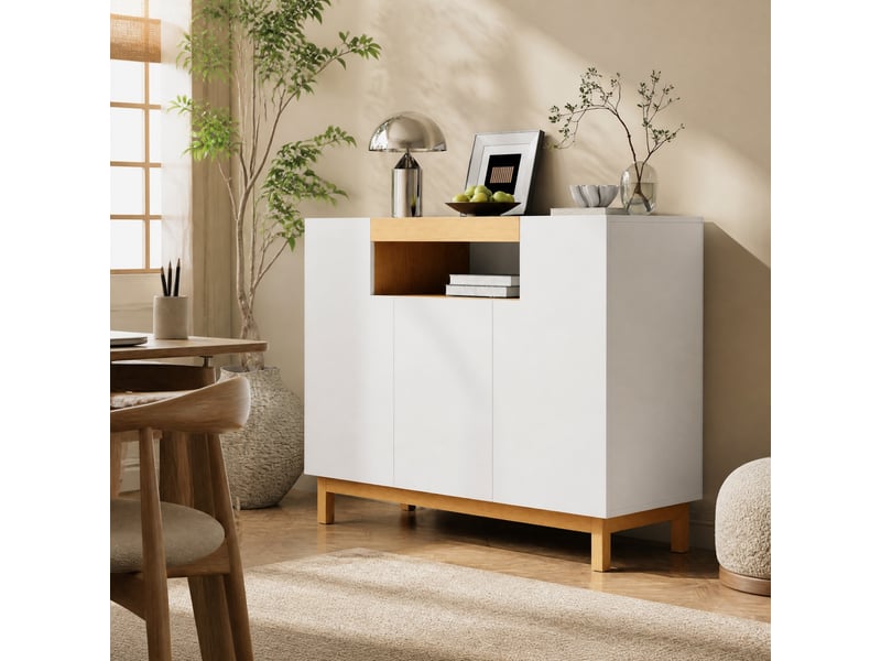 Buffet ulevr 3 portes avec rangement ouvert, 120,5 x 42 x 96 cm, panneaux de particules blancs et décor bois - Conforama B