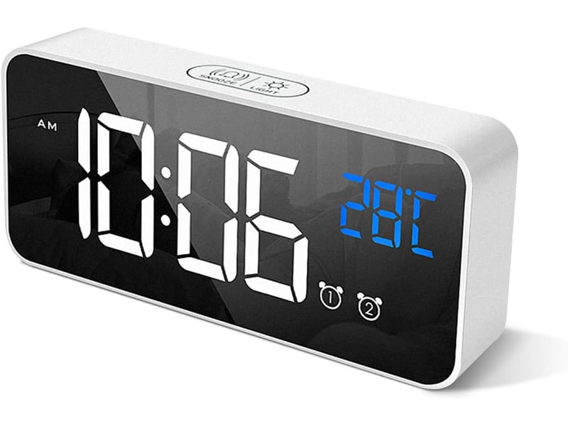  Réveil numérique led, alarme de miroir portable avec double alarme roupillon temps gradateur de luminosité réglable sur 4 niveaux (blanc)  - Conforama A