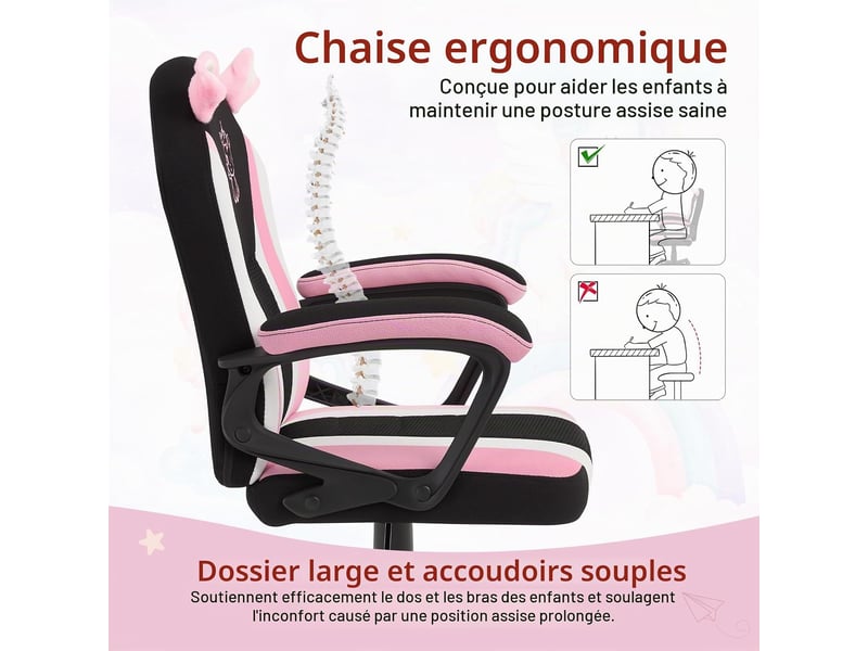  Chaise de jeu pour enfants, motif licorne, en tissu maillé, rose, avec dossier et accoudoirs, avec roulettes universelles et lestées  - Conforama E