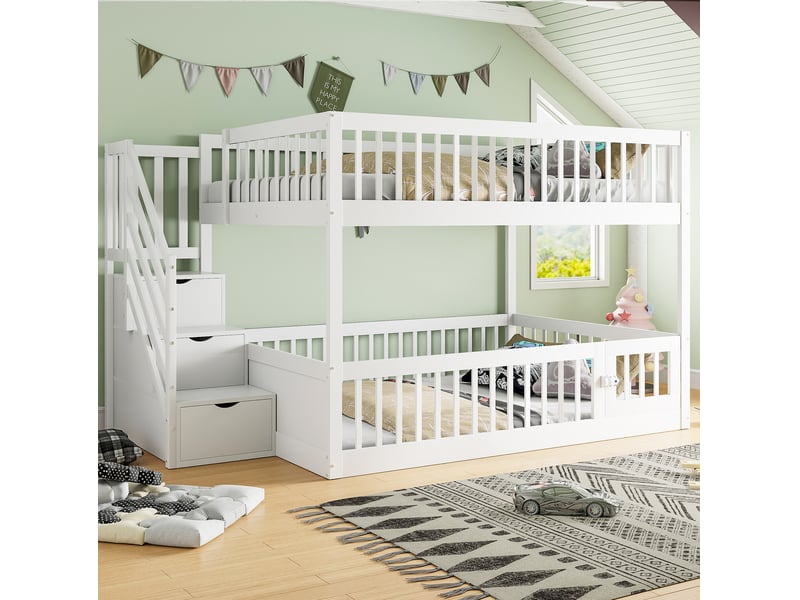  Lit superposé enfant 140 x 200 cm avec escalier à tiroirs et barrières, blanc  - Conforama E
