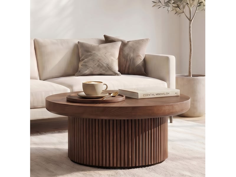  Table basse ronde 78x78x38,5 cm à plateau effet bois laqué couleur marron, design moderne  - Conforama D