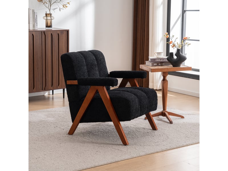  Fauteuil fixe bouclé noir avec cadre en bois de chêne  - Conforama R