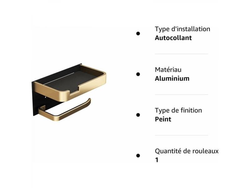  Porte-papier toilette mural avec support pour téléphone portable, porte-papier toilette moderne en viscose, or et noir  - Conforama E