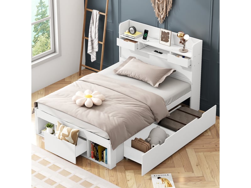  Lit simple enfant 90x200 cm, lit multifonction avec rangement, tiroirs et placard intégré, usb et type-c, bois blanc Radiant Stride - Conforama B