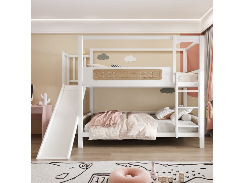 Lit superposé enfant 90 x 200 cm blanc et bois naturel avec toboggan - Conforama C
