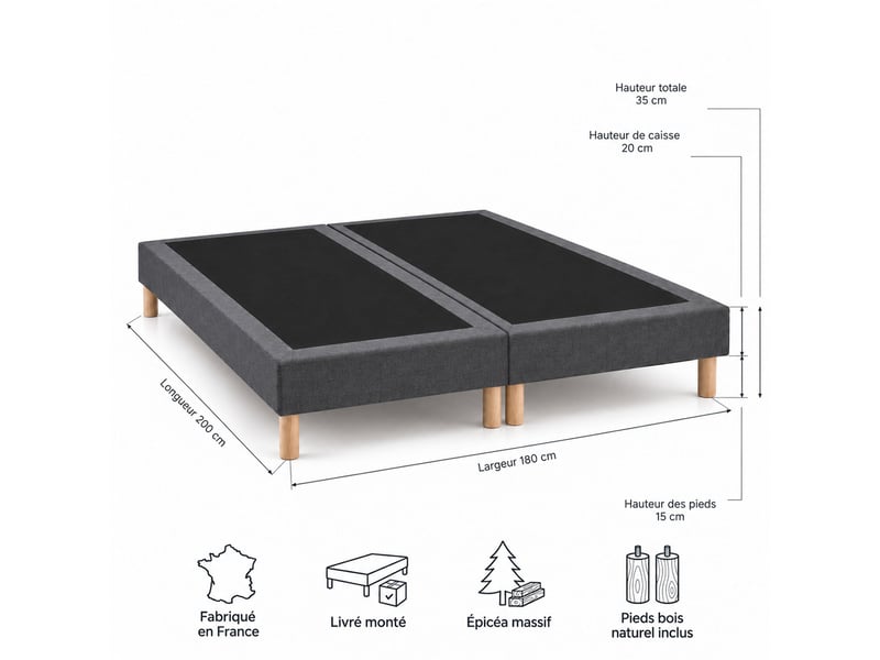 Lot de 2 sommiers tapissiers déco 90x200 cm gris - 180x200 - hauteur 35 cm - 8 pieds inclus  - Conforama E