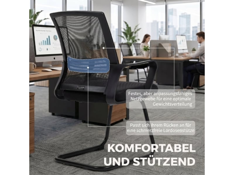  Lot de 2 chaises de bureau ergonomiques rembourrées, sans roulettes, structure luge noire, accueil  - Conforama E