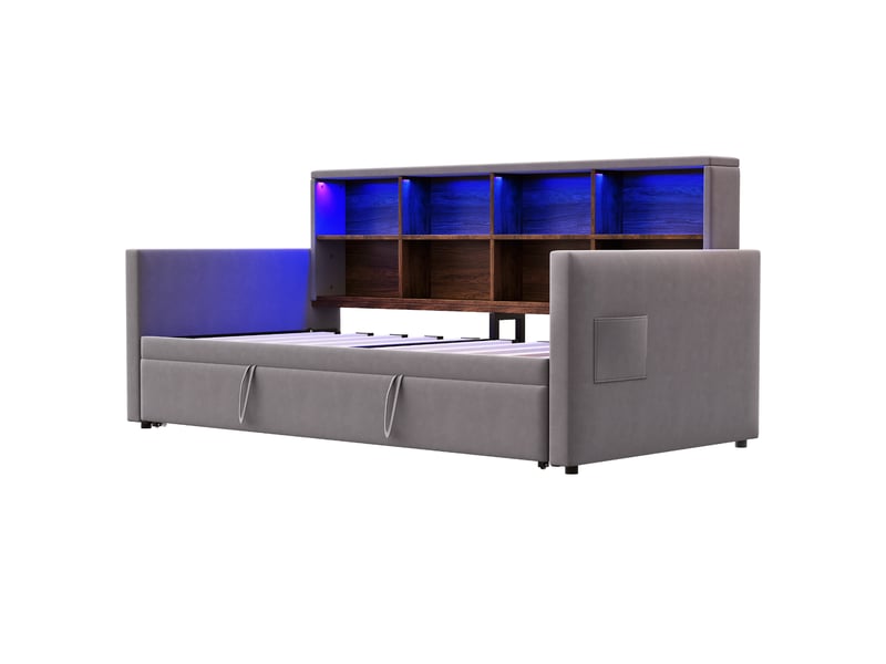 Lit gigogne enfant 90x190 cm canapé-lit avec led et rangement, velours, gris foncé, sans matelas - Conforama D