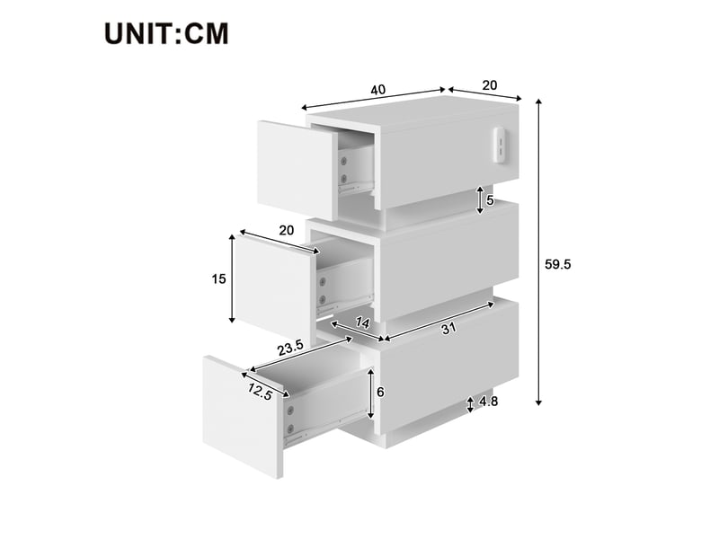Lot de 2 tables de chevet étroites 20x40x59,5 cm – blanc – usb, type-c, led et 3 tiroirs chacune - Conforama C