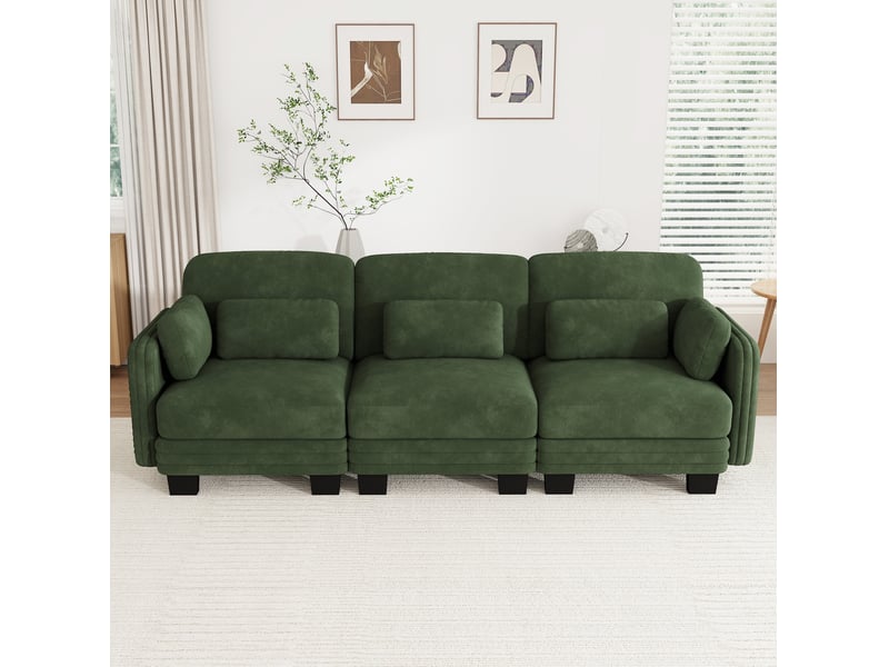 Canapé droit modulable 3 places en chenille vert avec coussins lombaires et d’accoudoir - Conforama B