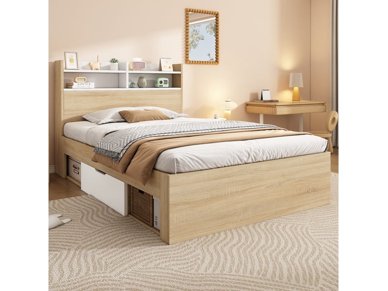 Modenvie lit 1 place 90x200 cm - tête de lit avec étagères, 2 tiroirs et niches, matelas inclus - bicolore  - Conforama D